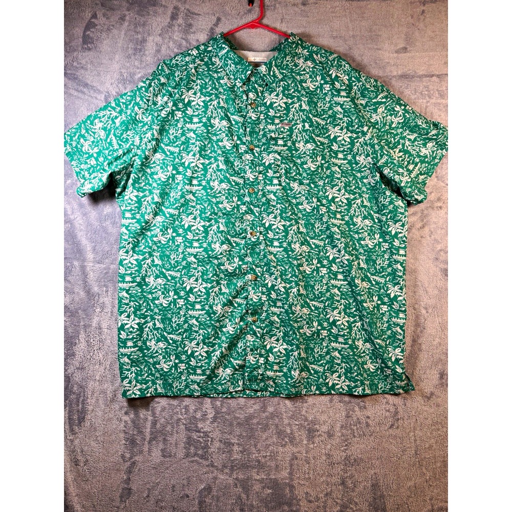 Columbia PFG Shirt Mens 4X Palm Tree Boat Print Green short Sleeve Camp 3334–0